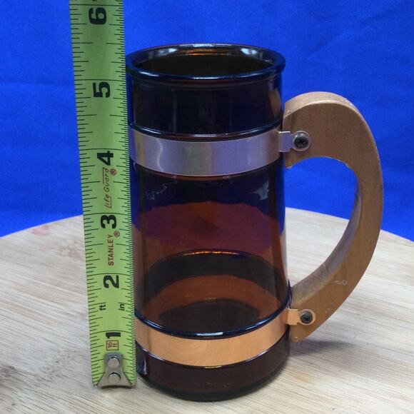 Siesta Ware Amber Brown Barrel Glass Beer Mug Wood Handle 2 - Picture 9 of 10